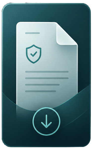Icon representing a secure document download with a shield symbol and a downward arrow on a teal background.