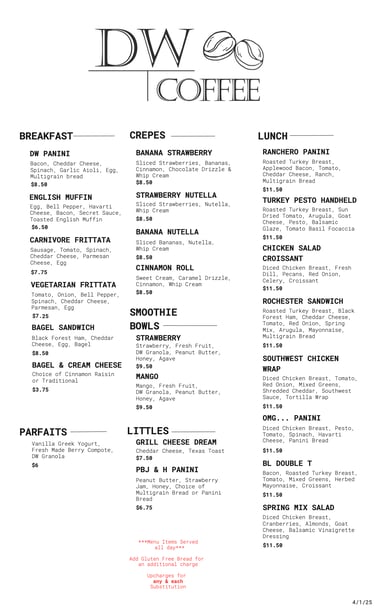 DW Coffee Rochester Menu