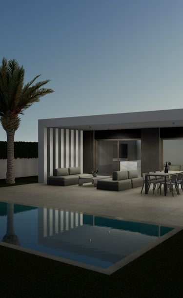 a house with a pool and palm trees