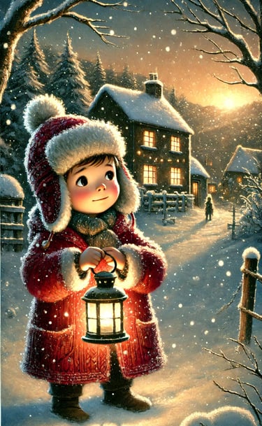 Alt text: Favola di Natale con un bambino che cammina nella neve, illuminando il sentiero con la sua