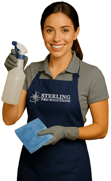 Professional cleaner in uniform, holding a spray bottle and cloth.