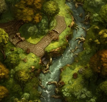 cœur de la forêt, la rivière des racines, battle map for DD5 and Pathfinder