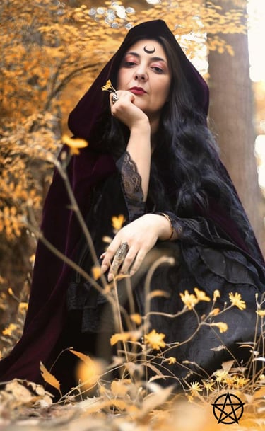 La imagen es una mujer con un vestido mistico con capucha y con una medialuna tatuada en la frente