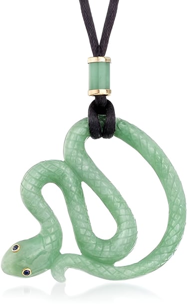 Jade Snake Pendant Necklace in 14kt Yellow Gold, Jade and Sapphire on Black Satin Cord