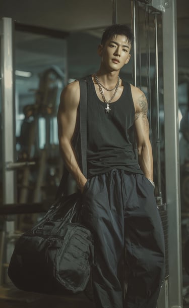 Male model carrying customized high-end nylon travel bag at the gym