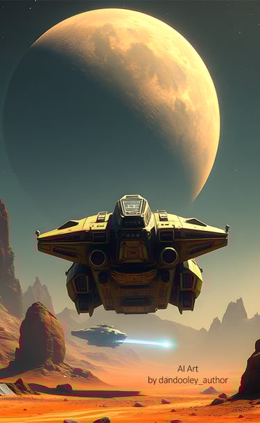 AI generated image of a spaceship landing on a strange and forbidding looking planet.