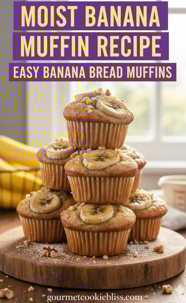 A stack of warm, moist banana muffins with caramelized banana slices on top & bursting from within