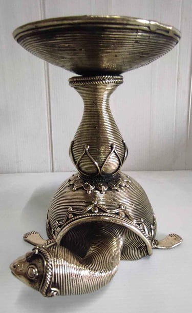 "Designer brass turtle with central light holder and detailed pattern, front side-Designed for export"