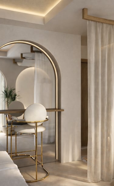 Suíte residencial na Barra da Tijuca com espelho orgânico, luz natural e interiores sofisticados