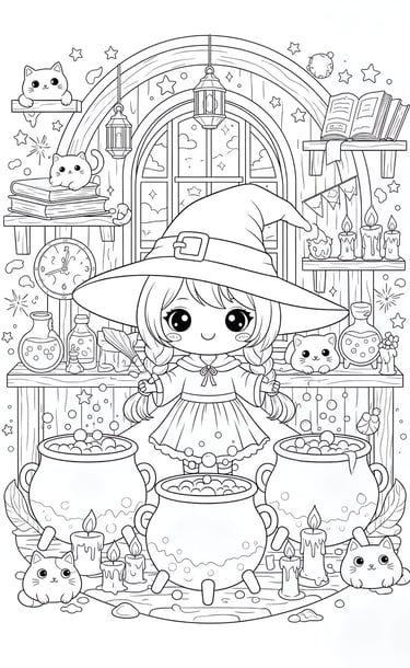 a coloring page of a witch's hat and a cat