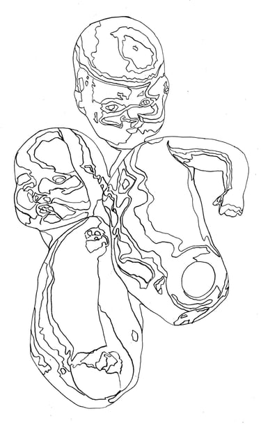 Line drawing of 2 broken dolls by Christine Gallagher