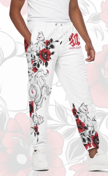 a man in japanese kitsune pants, nine tailed fox pants, kitsune