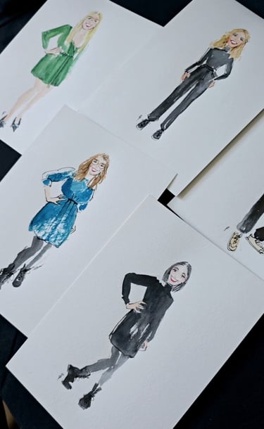Bespoke live fashion illustrations in ink and watercolor by Sonya Parra