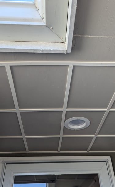 flat coffered ceiling on front porch being constructed