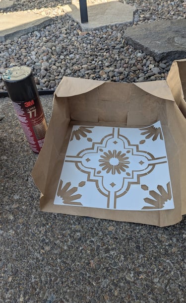 Stencil in a brown paper bag on its side with the top cut off