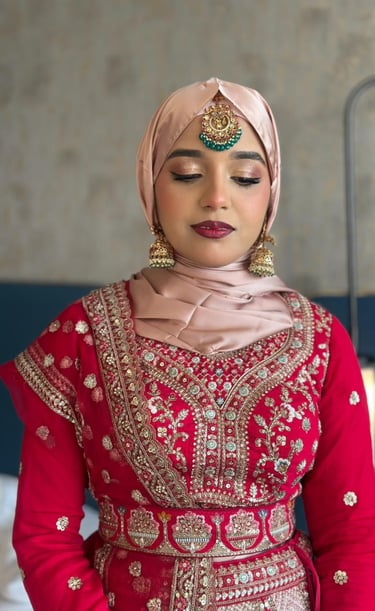 Professional hijab styling and bridal makeup Dubai.