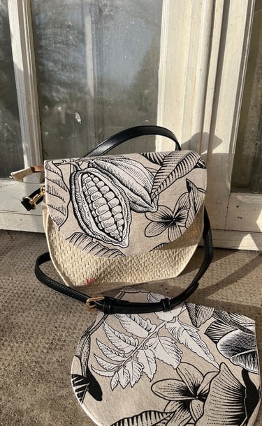sac à main beige motif fleur de cafe , simili cuir vegan