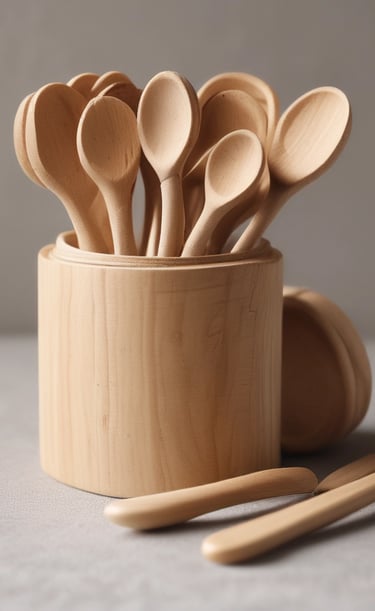 Stylish wooden cutlery displayed on a rustic wooden table.