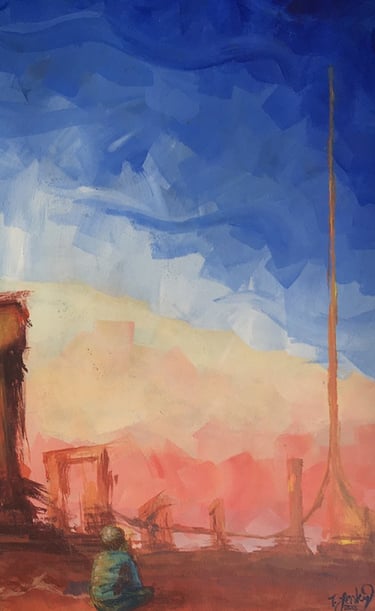acrylic fantasy art painting of a young boy in a desolate Arizona landscape in terracotta.