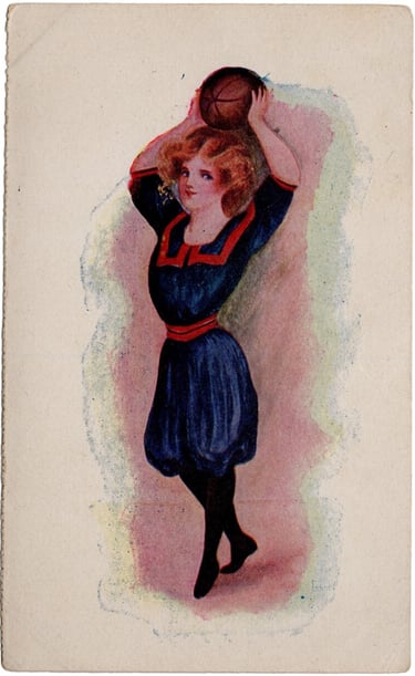 Girl holding a basketball postcard drawing 1905-1910