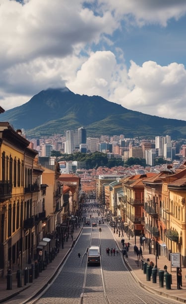A panoramic view of the lush green coffee plantations in the Colombian Andes at sunrise.