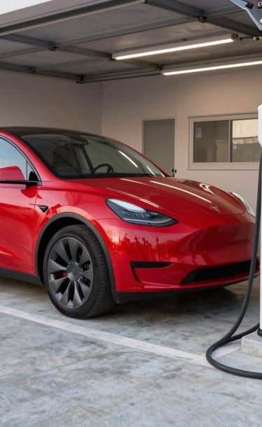 Tesla car parked inside the garage, bathed in soft sunset light, highlighting the clean and organized space.