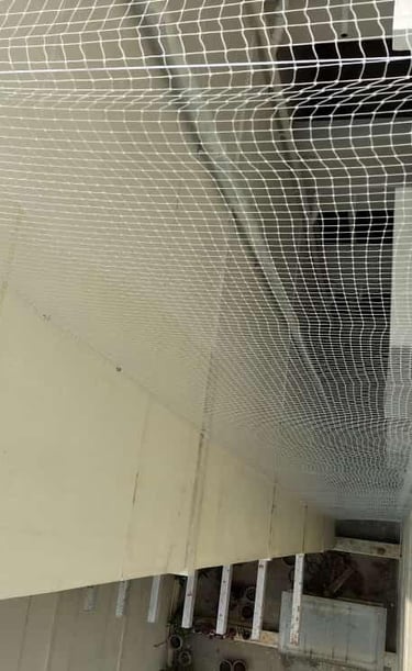 Wide-angle view showing a team installing safety nets on a multi-story building under construction.