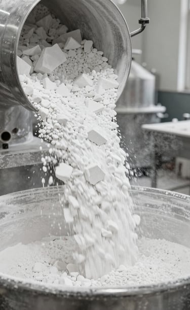 Close-up of finely ground calcium carbonate powder in a factory setting.