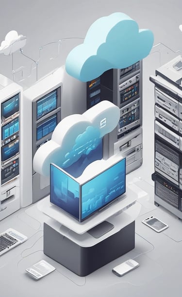 Isometric 3D illustration of cloud computing network servers and data storage infrastructure.