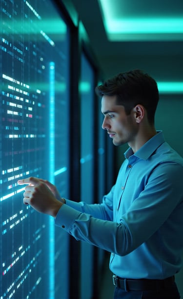 IT technician managing cloud data storage on a digital server interface in a dark network room.