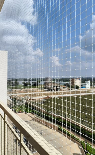Wide shot of a spacious balcony fitted with sturdy pigeon nets railings overlooking Bangalore citysc