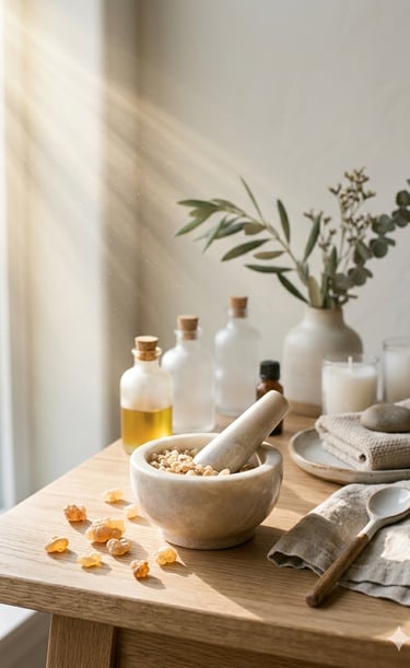 frankincense resin in pestle