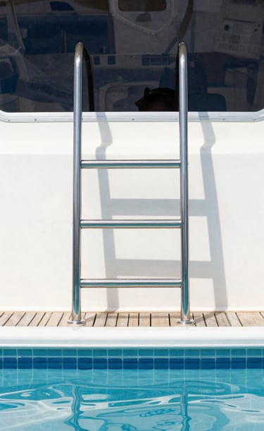 A panoramic shot of a luxury yacht deck featuring premium marine lighting casting a soft glow at dusk.
