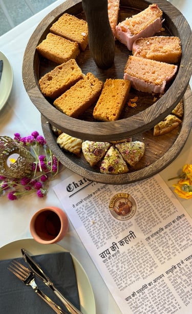 A tray at Afternoon Tea with Chai a Menu and Indian sweets and desserts