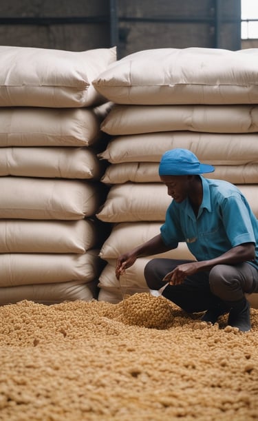 Workers in protective gear carefully sorting ginger roots on a clean table.