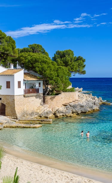 Mallorca. a beach with a house and a palm tree