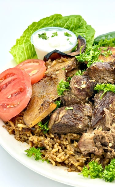 maqluba delicious seasoned rice with meat, potatoes, eggplant