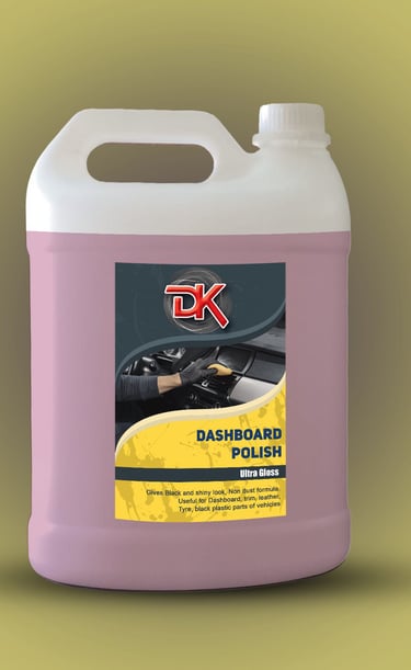 1. A gallon of car cleaner labeled "DASH BOARD POLISH" displayed prominently against a bright yellow background. 2. A gallon