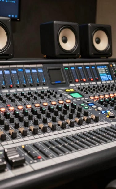 Three individuals are engaged in a filmmaking or video production process inside a studio. One person operates a professional camera mounted on a rig, wearing a mask and cap. Two other people are seated, one intently looking at a laptop, creating an atmosphere of concentration and collaboration.