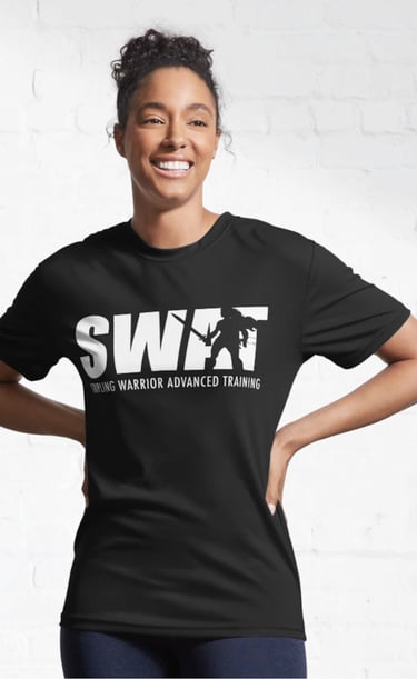 A woman wearing Morgan Madness' SWAT t-shirt design