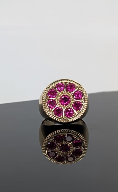 14kt yellow gold signet ring bead set with lab grown rubies custom made by Kelly Allanson