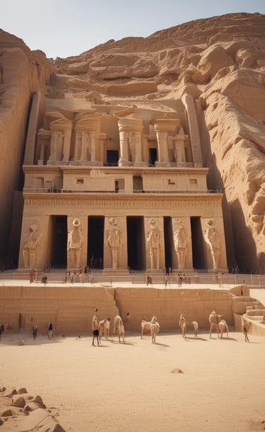 A large white tourist boat with prominent orange sails is anchored on a tranquil green body of water. In the foreground, a smaller boat with a colorful roof floats nearby. The backdrop features towering rock formations covered in lush greenery, creating a picturesque and serene setting.