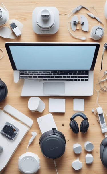 A high-quality wireless headphone set illuminated by soft gold lighting.