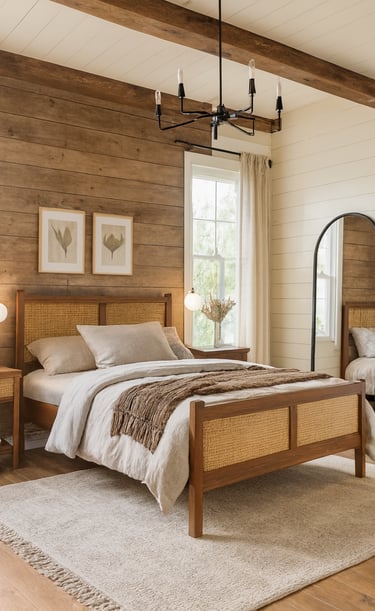 Quarto de casal estilo farmhouse com cama de madeira e painéis de rattan, decoração em tons neutros,