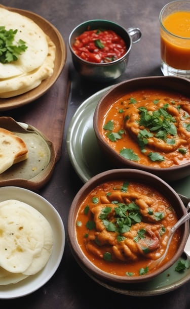 A traditional Indian meal is presented on a table, featuring a bowl of spicy curry garnished with herbs. Accompanying the dish is a plate with two buns, a bowl of chopped onions, and a bag of crispy snacks. A spoon is placed nearby on the tablecloth.