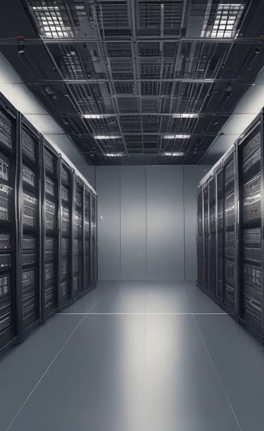 A room filled with sleek black server racks, arranged neatly in rows. The servers are part of a data center with visible structured wiring and ceiling cable trays. Bright overhead lighting illuminates the space, adding to the modern high-tech environment.