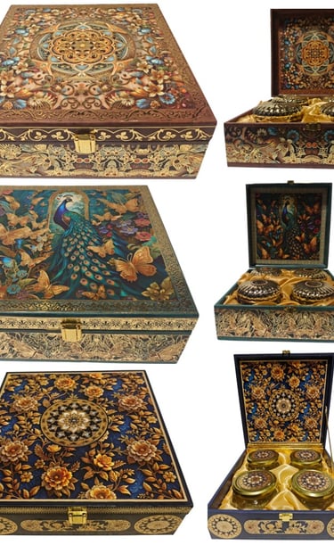 a collection of decorative boxes with a variety of decorative items