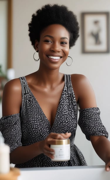 a woman in a dress smiling and holding a jar of cream