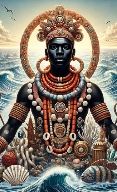 A REGAL BLACK MAN WEARING EFIK CEREMONIAL BEADS ON A SEA BACKDROP. EKPEYONG GUARDIAN OF NSIBIDI