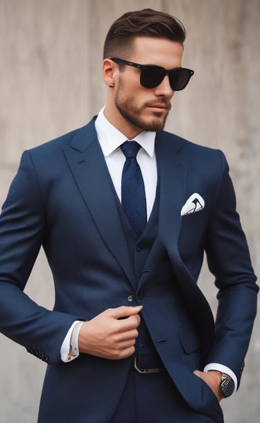 A model wearing a slim-fit navy suit with a crisp white shirt, standing casually by a window.
